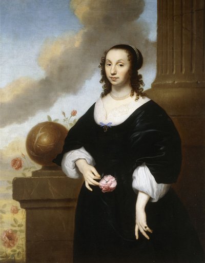 Retrato de una dama, de pie tres cuartos de longitud, con un vestido de satén negro con ribete de encaje blanco de Isaac Luttichuys
