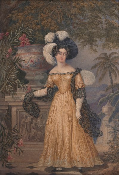 Lady Rowe, de pie, de cuerpo entero, en una terraza, con un paisaje jamaicano iluminado por la luna. de Isaac Mendes Belisario
