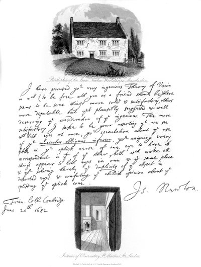 Carta de Isaac Newton y vista de su lugar de nacimiento en Woolsthorpe, Lincolnshire, 1682, 1840 de Isaac Newton