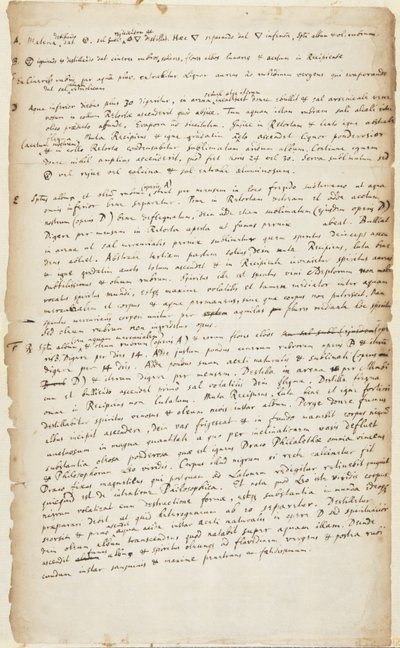 Registro de un experimento en seis etapas comenzando con destilación seguida de quema, nueva destilación, decocción, calcinación y sublimación, c.1700 de Isaac Newton