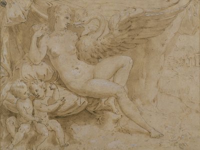 Leda y el cisne (pluma y tinta, aguada y blanco sobre papel) de Isaac Oliver