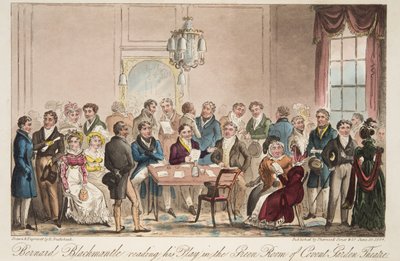 Bernard Blackmantle leyendo su obra en el Green Room del Teatro Covent Garden, de The English Spy, pub. 1824 de Isaac Robert Cruikshank