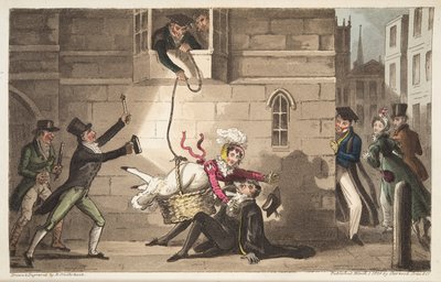 Saludando a un Procurador, o Perros de Oxford detectando Contrabandistas de Bronce, de The English Spy, publicado en Londres, 1824 de Isaac Robert Cruikshank