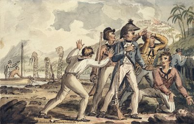 El capitán Burney descubriendo a sus compañeros de barco asesinados, ilustración de "Los viajes del capitán Cook" de Isaac Robert Cruikshank