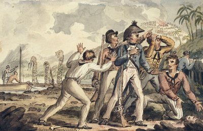 El Capitán Burney descubriendo a sus compañeros de barco asesinados, de los Viajes del Capitán Cook de Isaac Robert Cruikshank