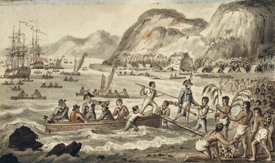 El Capitán Cook Desembarcando en Owyhee, ilustración de "Los Viajes del Capitán Cook" de Isaac Robert Cruikshank