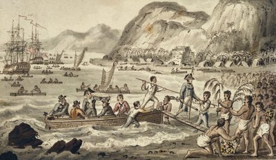 El Capitán Cook desembarcando en Owyhee, de los viajes del Capitán Cook de Isaac Robert Cruikshank