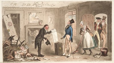 Comodidades Universitarias, Un Novato tomando posesión de sus Habitaciones, de The English Spy, pub. 1824 de Isaac Robert Cruikshank