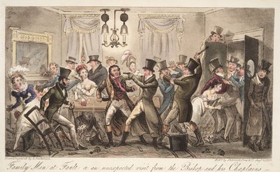 Hombres de familia en falta, o una visita inesperada del obispo y sus capellanes, de The English Spy, pub. 1824 de Isaac Robert Cruikshank