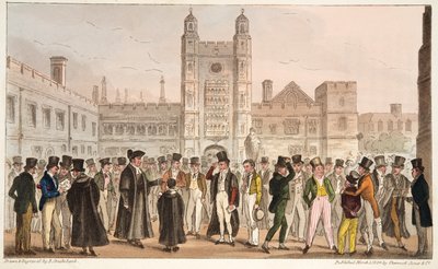 Primera Ausencia, o Etonianos Respondiendo al Pase de Lista Matutino, de The English Spy, publicado 1824 de Isaac Robert Cruikshank