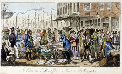 Mercado de pescado en Londres - en “El espía inglés” por Charles Molloy Westmacott, dibujo de Robert Cruikshank, edición de Londres de Isaac Robert Cruikshank