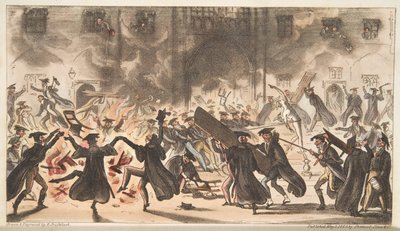 Derribando a Mercurio, o la Quema de los Robles, de The English Spy, pub. 1824 de Isaac Robert Cruikshank