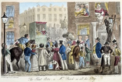 Guignol en las calles de Londres - en “The English spy” por C. Molloy Westmacott, ill. por Robert Gruikshand, Sherwood, Londres de Isaac Robert Cruikshank