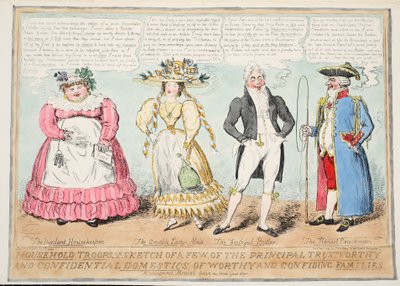 Tropas domésticas, o un boceto de algunos de los principales domésticos confiables y confidenciales de familias dignas y confiadas, 1827 de Isaac Robert Cruikshank