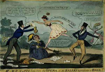 "El Salto de M.RC.N...TI desde la Ópera, o El Ballet Convertido en Baile" de Isaac Robert Cruikshank