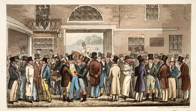 Lunes después del Gran St Leger, o héroes del turf pagando y recibiendo en Tattersalls, de The English Spy, pub. 1824 de Isaac Robert Cruikshank
