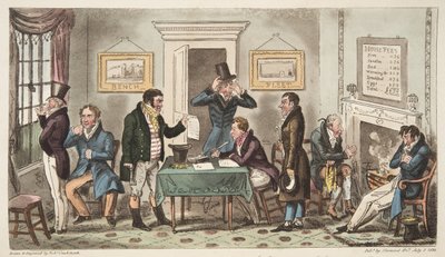 Mañana y con bajo ánimo, una escena de encierro en una casa de empeño, Carey Street, un poco de buena verdad, de The English Spy, publicado en Londres, 1824 de Isaac Robert Cruikshank