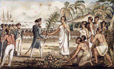 Oatehite, ilustración de "Los viajes del Capitán Cook" de Isaac Robert Cruikshank