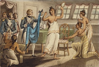 Otahitiano, ilustración de "Los viajes del Capitán Cook" de Isaac Robert Cruikshank