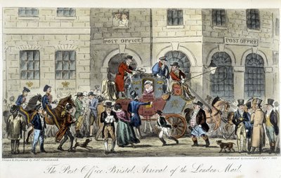 Correo en Londres: La Oficina de Correos de Bristol, Llegada del Correo de Londres - en "El espía inglés" de Charles Molloy Westmacott, dibujo de Robert Cruikshank, edición de Londres de Isaac Robert Cruikshank