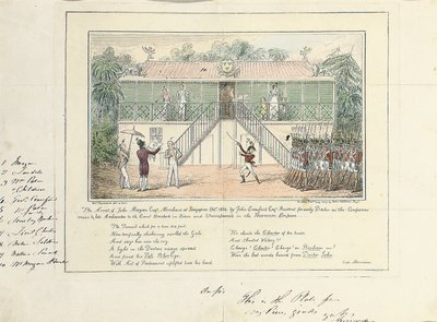 El arresto de John Morgan, Esq., comerciante, Singapur, octubre de 1824, por John Crawford Esq., residente, anteriormente doctor en el servicio de la compañía, último embajador en la corte, Bangkok, Siam, y Umrapoorah, Imperio Birmano, mayo de 1827 de Isaac Robert Cruikshank