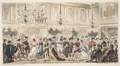 El baile de disfraces en las habitaciones superiores, Bath, de The English Spy, publicado en Londres, 1824 de Isaac Robert Cruikshank