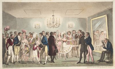 El Green Room del Teatro del Rey, o nobles aficionados viendo curiosidades extranjeras, de The English Spy, pub. 1824 de Isaac Robert Cruikshank