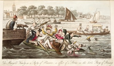 La Familia Marigold en una Fiesta de Placer, o efecto de una Tormenta en la pequeña Bahía de Vizcaya, de The English Spy, pub. 1824 de Isaac Robert Cruikshank