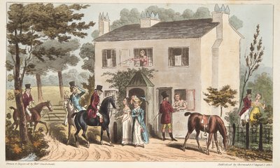 Las cabañas de Oakland, Cheltenham, o cazadores de zorros y sus favoritos, de The English Spy, pub. 1824 de Isaac Robert Cruikshank