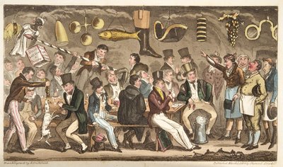 El Museo de los Oppidans, o el Tribunal de Reclamaciones de Eton en el Christopher, de The English Spy, publicado en Londres, 1824 de Isaac Robert Cruikshank