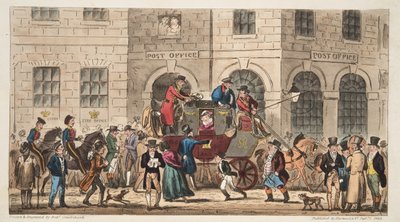 La oficina de correos de Bristol, llegada del correo de Londres, de The English Spy, publicado en Londres, 1824 de Isaac Robert Cruikshank