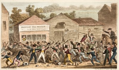 La fila de teteras en Harrow, o la batalla de Hog Lane, de The English Spy, pub. 1824 de Isaac Robert Cruikshank