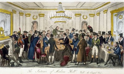 El interior del Modern Hall - en "The English Spy" de Charles Molloy Westmacott, dibujo de Robert Cruikshank, Edición de Londres de Isaac Robert Cruikshank