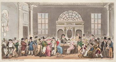 Visitantes conocidos en la sala de bombas, Bath, tomando un sorbo con el rey Bladud, de The English Spy, pub. 1824 de Isaac Robert Cruikshank
