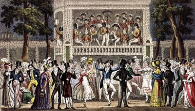 Un baile en el jardín de Vauxhall en Londres c. 1830, grabado de Isaac Robert & George (1792 1878) Cruikshank