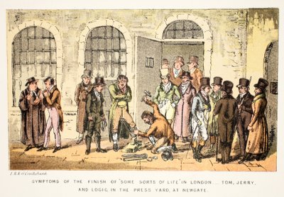 Síntomas del final de "Algunos tipos de vida" en Londres - Tom, Jerry y Logic, en el patio de prensa, en Newgate, de la vida de Tom y Jerry en Londres de Isaac Robert and George Cruikshank
