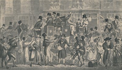 Fuera de White Horse Cellar, Piccadilly, 1821, 1920 de Isaac, Robert and George Cruikshank