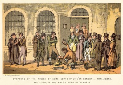 Síntomas del final de algunos tipos de vida en Londres, Tom, Jerry y Logic, en el Patio de Prensa, en Newgate de Isaac, Robert and George Cruikshank