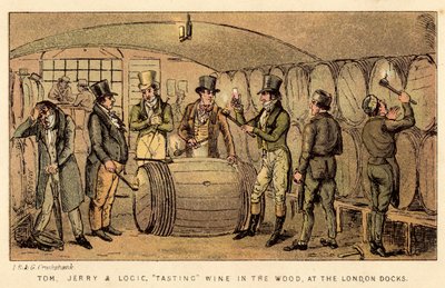 Tom, Jerry y Logic, probando vino en el barril, en los Muelles de Londres de Isaac, Robert and George Cruikshank