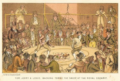 Tom, Jerry y Logic, apoyando a Tommy, el Barrendero, en el Royal Cockpit de Isaac, Robert and George Cruikshank