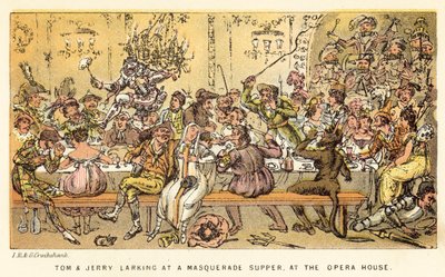 Tom y Jerry divirtiéndose en una Cena de Mascarada, en la Casa de la Ópera de Isaac, Robert and George Cruikshank
