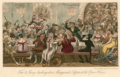 Tom y Jerry divirtiéndose en una Cena de Mascarada en la Ópera de Londres de Isaac, Robert and George Cruikshank