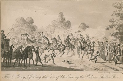 Tom y Jerry mostrando sus trofeos entre los rosas en el Rotten Row de Isaac, Robert and George Cruikshank