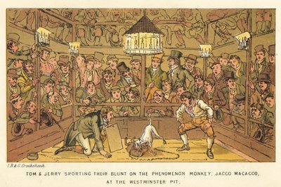 Tom y Jerry gastando su dinero en el Mono Fenómeno, Jacco Macacco, en el Pozo de Westminster de Isaac, Robert and George Cruikshank
