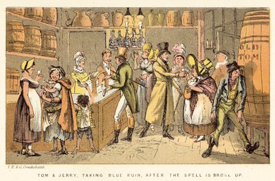 Tom y Jerry, tomando Blue Ruin, después de que el hechizo se rompe de Isaac, Robert and George Cruikshank