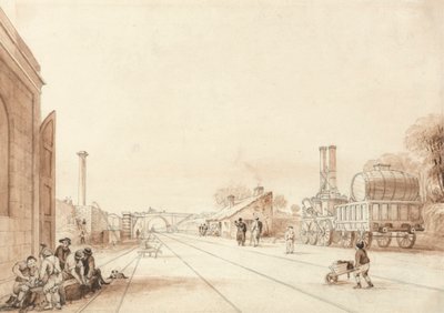Vista del ferrocarril de Liverpool y Manchester con la locomotora "Twin Sisters" en un apartadero de Isaac Shaw