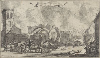 Tropas francesas merodeando y disparando a través de las ruinas del pueblo de Nigtevecht, 1672
Serie de trece ilustraciones de pueblos y castillos de la provincia de Utrecht destruidos por los franceses en 1672 (título de la serie) de Isaac Sorious