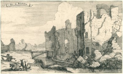 El castillo de Breukelen, destruido por los franceses en 1672
El castillo de Breukelen (título en el objeto)
Serie de trece ilustraciones de pueblos y castillos de la provincia de Utrecht destruidos por los franceses en 1672 (título de la serie) de Isaac Sorious