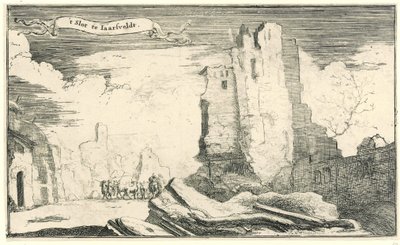 El castillo de Jaarsveld, destruido por los franceses en 1672
Slot te Iaarsveldt (título en el objeto)
Serie de trece ilustraciones de pueblos y castillos de la provincia de Utrecht destruidos por los franceses en 1672 (título de la serie) de Isaac Sorious