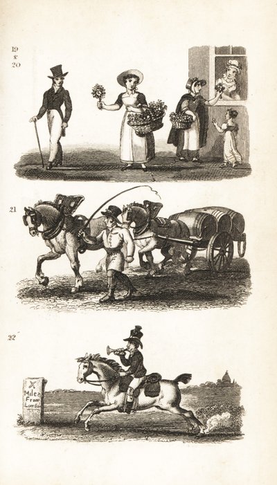 Ramos de flores, niña de berros, carro de cervecero y cartero de dos peniques de Isaac Taylor
